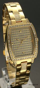 Zegarek damski GUESS GW0611L2 to propozycja analogowego zegarka dla osób lubiących eleganckie, biżuteryjne dodatki. Prostokątna koperta, cała ozdobiona białymi cyrkoniami (1).jpg
