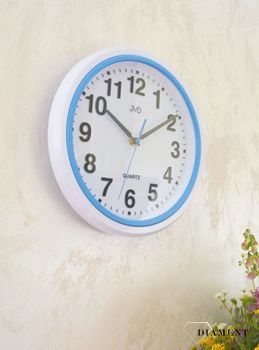 Ścienny zegar JVD HA41.1.  Nowoczesny zegar w białym kolorze z niebieskimi dodatkami. Zegary do nowoczesnego wnętrza.  (3).JPG