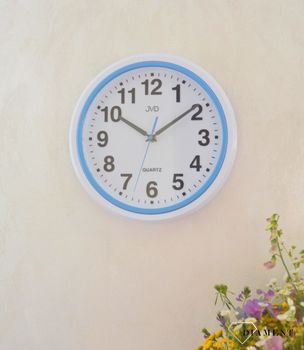 Ścienny zegar JVD HA41.1.  Nowoczesny zegar w białym kolorze z niebieskimi dodatkami. Zegary do nowoczesnego wnętrza.  (8).JPG