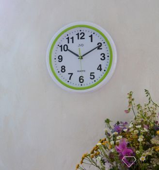 Zegar ścienny biały JVD 28 cm HA41.3.  Nowoczesny zegar w białym kolorze z zielonymi dodatkami. Zegary do nowoczesnego wnętrza (3).JPG