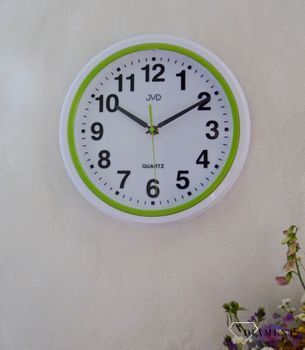 Zegar ścienny biały JVD 28 cm HA41.3.  Nowoczesny zegar w białym kolorze z zielonymi dodatkami. Zegary do nowoczesnego wnętrza (4).JPG