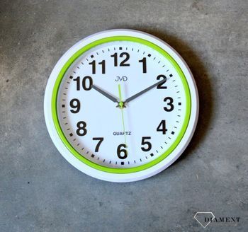 Zegar ścienny biały JVD 28 cm HA41.3.  Nowoczesny zegar w białym kolorze z zielonymi dodatkami. Zegary do nowoczesnego wnętrza (5).JPG