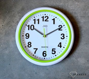 Zegar ścienny biały JVD 28 cm HA41.3.  Nowoczesny zegar w białym kolorze z zielonymi dodatkami. Zegary do nowoczesnego wnętrza (6).JPG