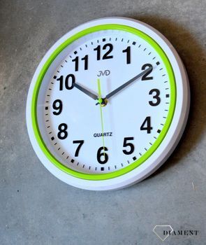 Zegar ścienny biały JVD 28 cm HA41.3.  Nowoczesny zegar w białym kolorze z zielonymi dodatkami. Zegary do nowoczesnego wnętrza (7).JPG