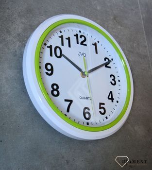 Zegar ścienny biały JVD 28 cm HA41.3.  Nowoczesny zegar w białym kolorze z zielonymi dodatkami. Zegary do nowoczesnego wnętrza (8).JPG