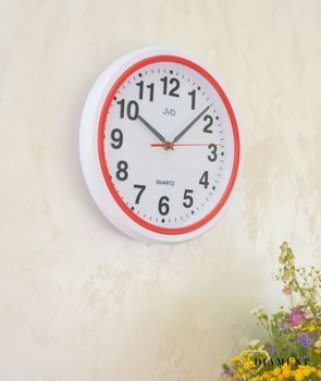 Ścienny zegar JVD HA41.4  Nowoczesny zegar w białym kolorze z czerwonymi dodatkami. Zegary do nowoczesnego wnętrza. Zegary ścienne. Prezent na parapetówkę.  (2).JPG