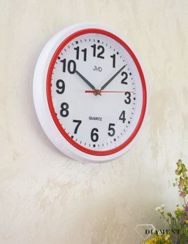 Ścienny zegar JVD HA41.4  Nowoczesny zegar w białym kolorze z czerwonymi dodatkami. Zegary do nowoczesnego wnętrza. Zegary ścienne. Prezent na parapetówkę.  (3).JPG