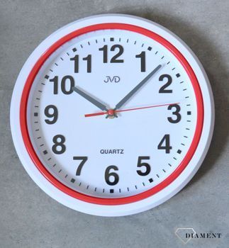 Ścienny zegar JVD HA41.4  Nowoczesny zegar w białym kolorze z czerwonymi dodatkami. Zegary do nowoczesnego wnętrza. Zegary ścienne. Prezent na parapetówkę.  (4).JPG