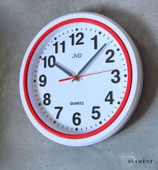 Ścienny zegar JVD HA41.4  Nowoczesny zegar w białym kolorze z czerwonymi dodatkami. Zegary do nowoczesnego wnętrza. Zegary ścienne. Prezent na parapetówkę.  (5).JPG