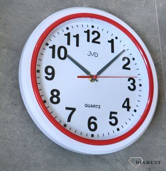 Ścienny zegar JVD HA41.4  Nowoczesny zegar w białym kolorze z czerwonymi dodatkami. Zegary do nowoczesnego wnętrza. Zegary ścienne. Prezent na parapetówkę.  (6).JPG