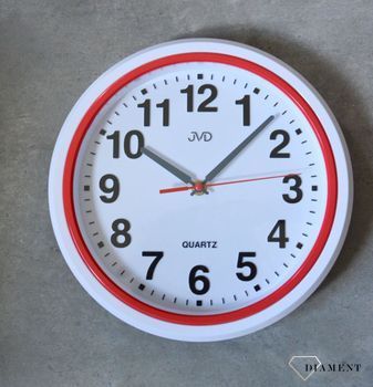 Ścienny zegar JVD HA41.4  Nowoczesny zegar w białym kolorze z czerwonymi dodatkami. Zegary do nowoczesnego wnętrza. Zegary ścienne. Prezent na parapetówkę.  (7).JPG
