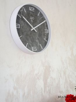 Zegar ścienny biały 'Czarny marmur' JVD HC21.1. Zegar ścienny z nowoczesną tarczą marmurkową z obudową wykonaną z tworzywa sztucznego w kolorze białym.  (1).JPG