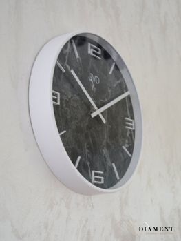 Zegar ścienny biały 'Czarny marmur' JVD HC21.1. Zegar ścienny z nowoczesną tarczą marmurkową z obudową wykonaną z tworzywa sztucznego w kolorze białym.  (4).JPG