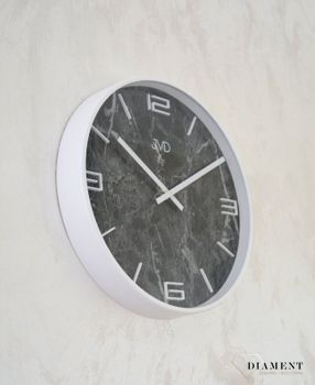 Zegar ścienny biały 'Czarny marmur' JVD HC21.1. Zegar ścienny z nowoczesną tarczą marmurkową z obudową wykonaną z tworzywa sztucznego w kolorze białym.  (5).JPG
