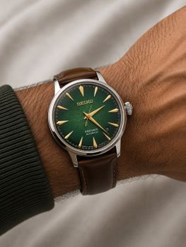 Seiko HCB002J1 Presage Cocktail Time Mint Mist – automatyczny zegarek z zieloną tarczą Crushed Ice, skórzanym paskiem, datownikiem i 23 kamieniami..jpg