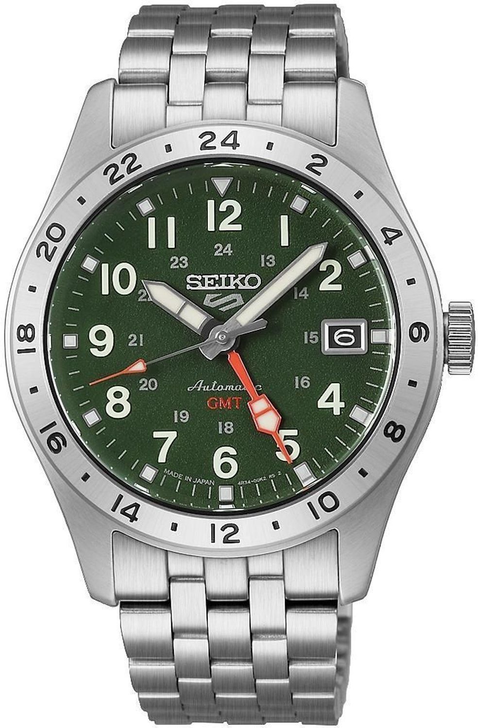 Seiko HDB001K1 5 Sports GMT Field – automatyczny zegarek męski z zieloną tarczą, mechanizmem 4R34, funkcją GMT, stalową bransoletą i WR 100 (2).jpg