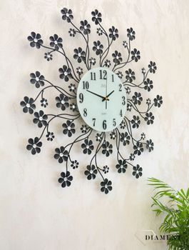 Zegar na ścianę Czarne Kwiaty nowoczesny z kryształkami JVD kwiatki HJ85 (2).JPG