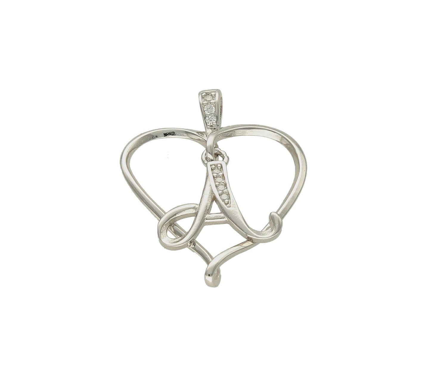 Srebrna zawieszka literka A w serduszku HP007+A11MM.Zawieszka w kształcie serduszka z literką A w środku wykonana z najwyższej próby srebra. Srebrna zawieszka w kształcie serca wykonana została w próby 925. Zawieszka dla ukoc.jpg