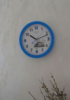 Zegar na ścianę dla dziecka Wyścigowy HP612.D5. Zegar na ścianę dla dziecka na ścianę. Zegar w okrągłym kształcie w kolorze niebieskim z motywem samochodu (3).JPG