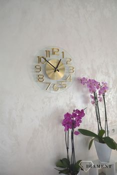 Zegar na ścianę szklany JVD ze złotymi cyframi HT098.1 to ozdobny, prosty zegar pasujący do każdego wnętrza. Ciekawa stylizacja zegara w kolorze złotym (10).JPG