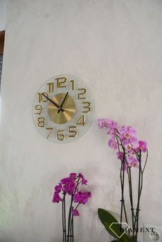 Zegar na ścianę szklany JVD ze złotymi cyframi HT098.1 to ozdobny, prosty zegar pasujący do każdego wnętrza. Ciekawa stylizacja zegara w kolorze złotym (2).JPG