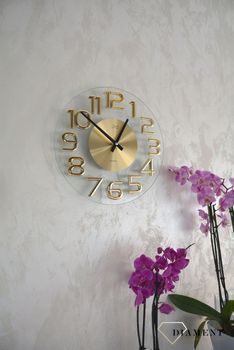 Zegar na ścianę szklany JVD ze złotymi cyframi HT098.1 to ozdobny, prosty zegar pasujący do każdego wnętrza. Ciekawa stylizacja zegara w kolorze złotym (4).JPG