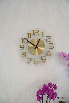Zegar na ścianę szklany JVD ze złotymi cyframi HT098.1 to ozdobny, prosty zegar pasujący do każdego wnętrza. Ciekawa stylizacja zegara w kolorze złotym (6).JPG