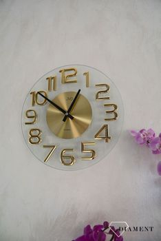 Zegar na ścianę szklany JVD ze złotymi cyframi HT098.1 to ozdobny, prosty zegar pasujący do każdego wnętrza. Ciekawa stylizacja zegara w kolorze złotym (7).JPG