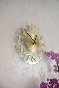 Zegar na ścianę szklany JVD ze złotymi cyframi HT098.1 to ozdobny, prosty zegar pasujący do każdego wnętrza. Ciekawa stylizacja zegara w kolorze złotym (9).JPG