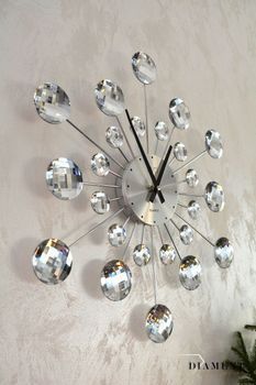 Zegar ścienny nowoczesny 49 cm JVD kryształki HT464.1. Pomysłowy wzór zegara z akrylowymi kryształkami w srebrnym kolorze  (4).JPG