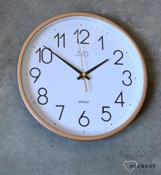 Zegar ścienny różowe złoto płynący sekundnik JVD HX2487.1  Nowoczesny zegar złoty z cyframi arabskimi. Zegary do nowoczesnego wnętrza (3).JPG
