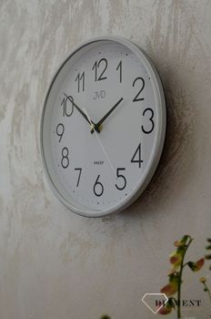 Zegar ścienny srebrny płynący sekundnik JVD HX2487.2  Nowoczesny zegar złoty z cyframi arabskimi. Zegary do nowoczesnego wnętrza (2).JPG