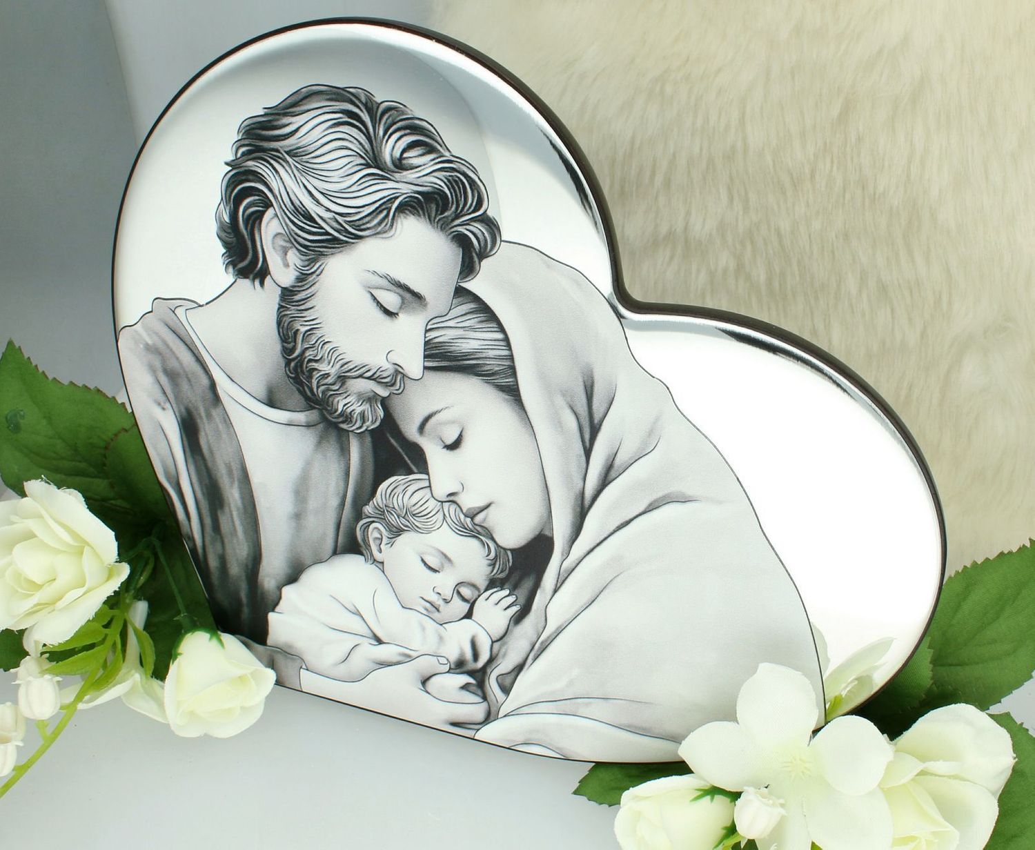 Obrazek Rodzina Święta w kształcie serca IC0063B 20x17 cm. Obrazek aluminiowy. obrazek Święta Rodzina, pamiątka Chrztu.jpg