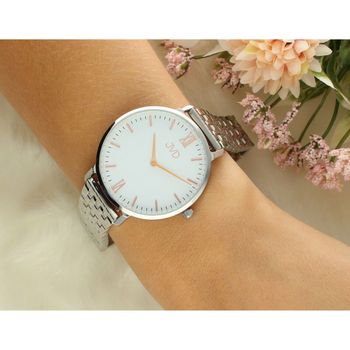 Damski zegarek JVD J‑TS30 z kopertą 36 mm w odcieniu różanego złota. Mechanizm Miyota, szkło hartowane, stalowa bransoleta, wodoszczelność 5 ATM. Stylowy i elegancki wybór na co dzień.11.jpg