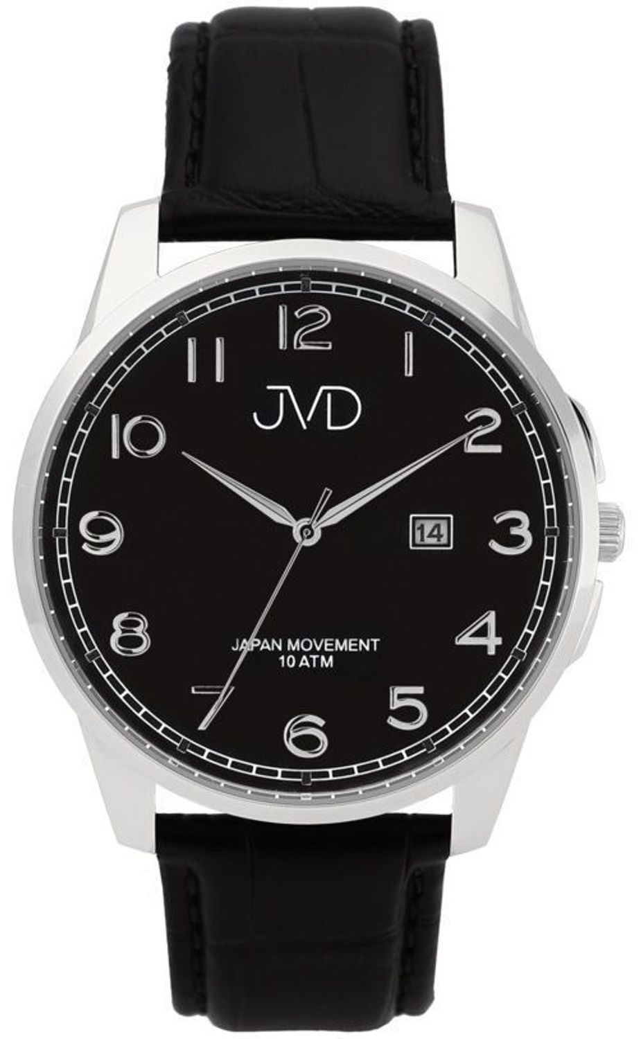 Zegarek męski na pasku skórzanym JVD J1112.3, posiada mechanizm japoński Miyota, zasilany za pomocą baterii. Elegancka czarna tarcza zegarka ze srebrnymi indeksami zapewnia przejrzysty i nowoczesny wygląd..jpg