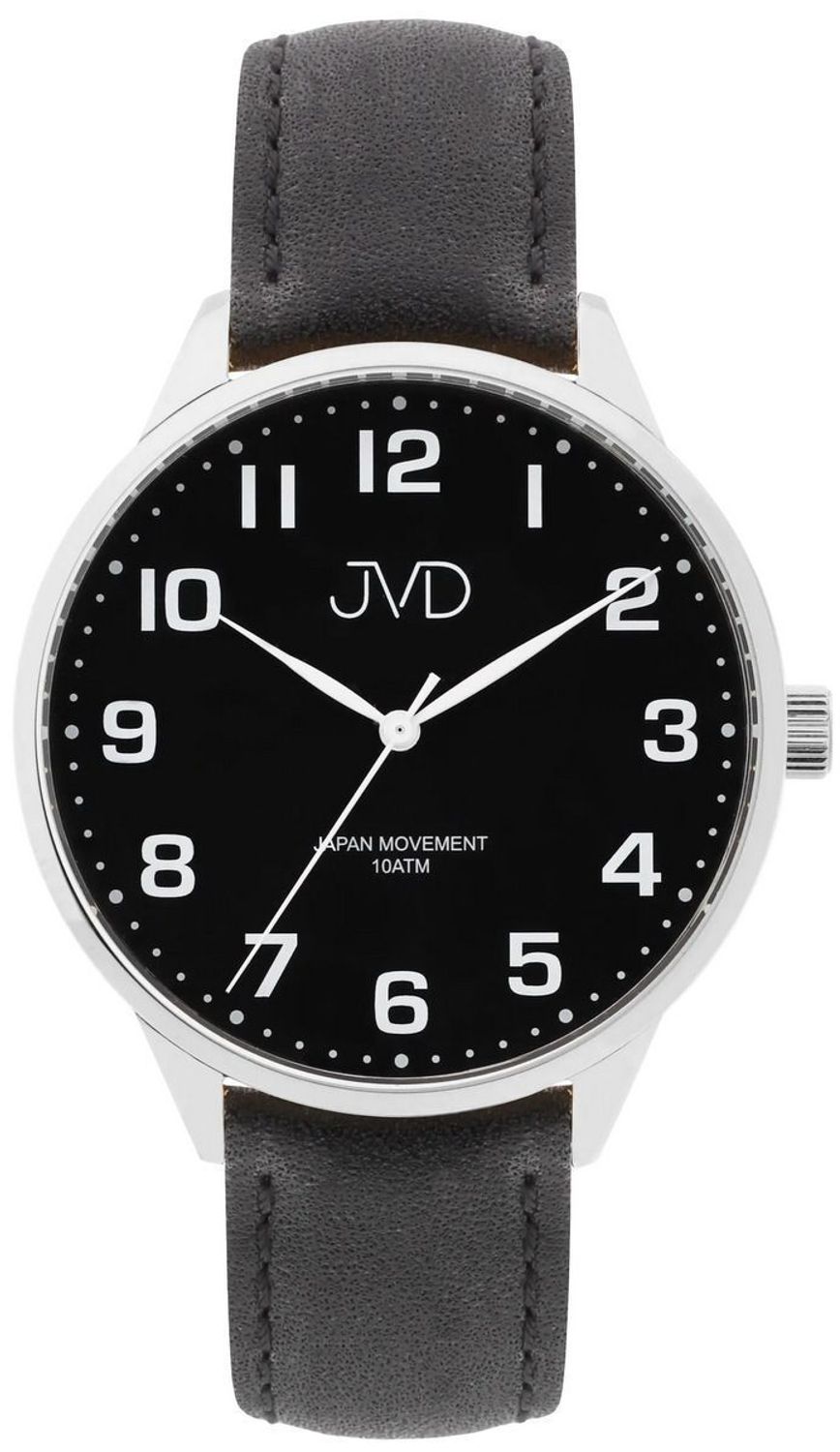 Elegancki zegarek męski JVD J1130.1 z czarnym skórzanym paskiem, antracytową stalową kopertą, japońskim mechanizmem Miyota i wodoszczelnością 10 ATM. Idealny do codziennego 1.jpg