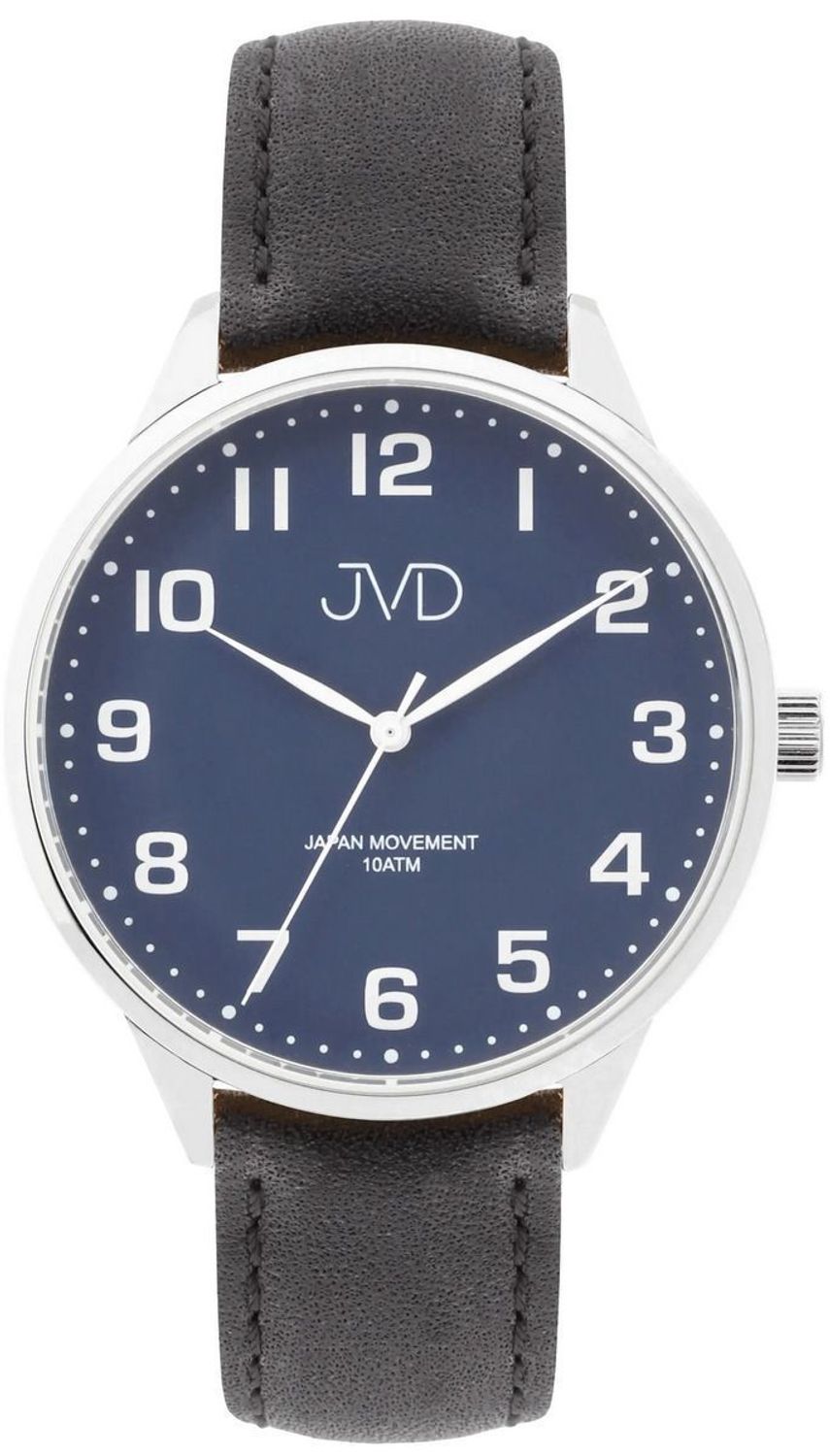 Elegancki zegarek męski JVD J1130.3 z niebiesko-antracytowo-srebrną kopertą stalową, skórzanym paskiem i japońskim mechanizmem Miyota. Wodoszczelność 10 ATM, idealny do codziennego noszenia 1.jpg