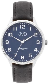 Elegancki zegarek męski JVD J1130.3 z niebiesko-antracytowo-srebrną kopertą stalową, skórzanym paskiem i japońskim mechanizmem Miyota. Wodoszczelność 10 ATM, idealny do codziennego noszenia 1.jpg