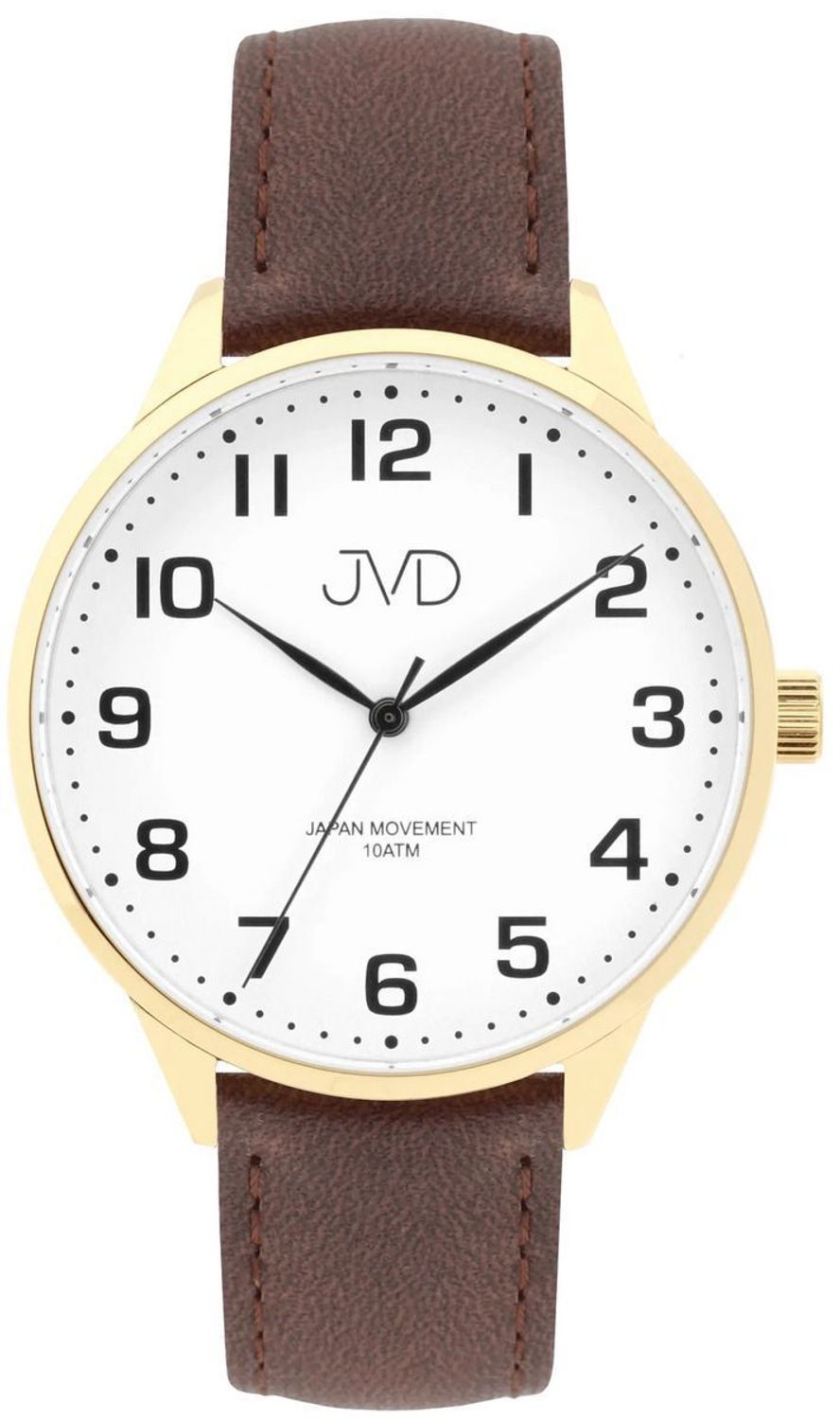 Odkryj elegancki zegarek męski JVD J1130.4 z brązowym skórzanym paskiem, złotą kopertą i japońskim mechanizmem Miyota. Wodoszczelność 10 ATM i trwałe szkło mineralne. Idealny dla nowoczesnego 1.jpg