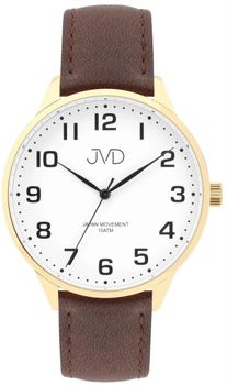 Odkryj elegancki zegarek męski JVD J1130.4 z brązowym skórzanym paskiem, złotą kopertą i japońskim mechanizmem Miyota. Wodoszczelność 10 ATM i trwałe szkło mineralne. Idealny dla nowoczesnego 1.jpg