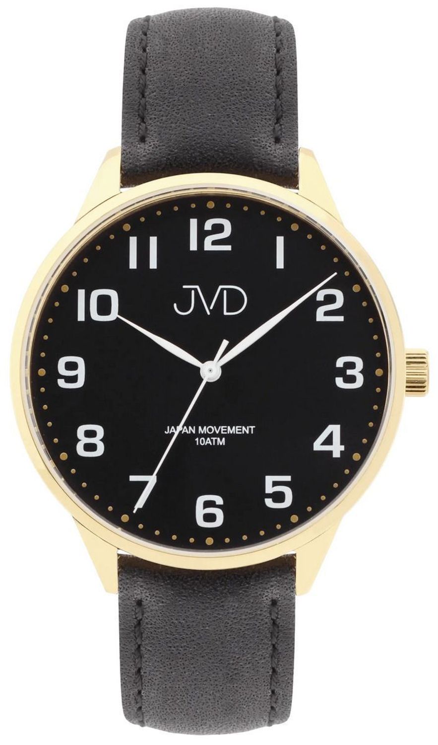 Elegancki zegarek męski JVD J1130.5 z czarną kopertą stalową, złotą powłoką PVD (IPGold), skórzanym paskiem i japońskim mechanizmem Miyota. Wodoszczelność 10 ATM, 1.jpg