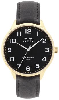 Elegancki zegarek męski JVD J1130.5 z czarną kopertą stalową, złotą powłoką PVD (IPGold), skórzanym paskiem i japońskim mechanizmem Miyota. Wodoszczelność 10 ATM, 1.jpg