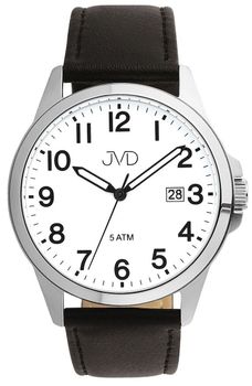 Elegancki zegarek męski JVD J1131.4 z czarnym skórzanym paskiem, srebrną kopertą stalową, japońskim mechanizmem Miyota, luminescencyjnymi wskazówkami i funkcją kalendarza. Wodoszczelność 5 ATM.1.jpg