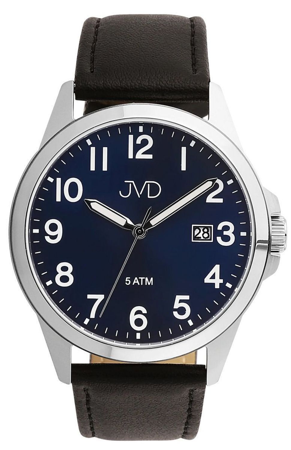 Elegancki zegarek męski JVD J1131.5 z czarnym skórzanym paskiem, srebrną kopertą stalową, japońskim mechanizmem Miyota, luminescencyjnymi wskazówkami i funkcją kalendarza. Wodoszczelność 5 ATM.1.jpg