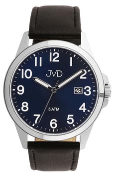 Elegancki zegarek męski JVD J1131.5 z czarnym skórzanym paskiem, srebrną kopertą stalową, japońskim mechanizmem Miyota, luminescencyjnymi wskazówkami i funkcją kalendarza. Wodoszczelność 5 ATM.1.jpg