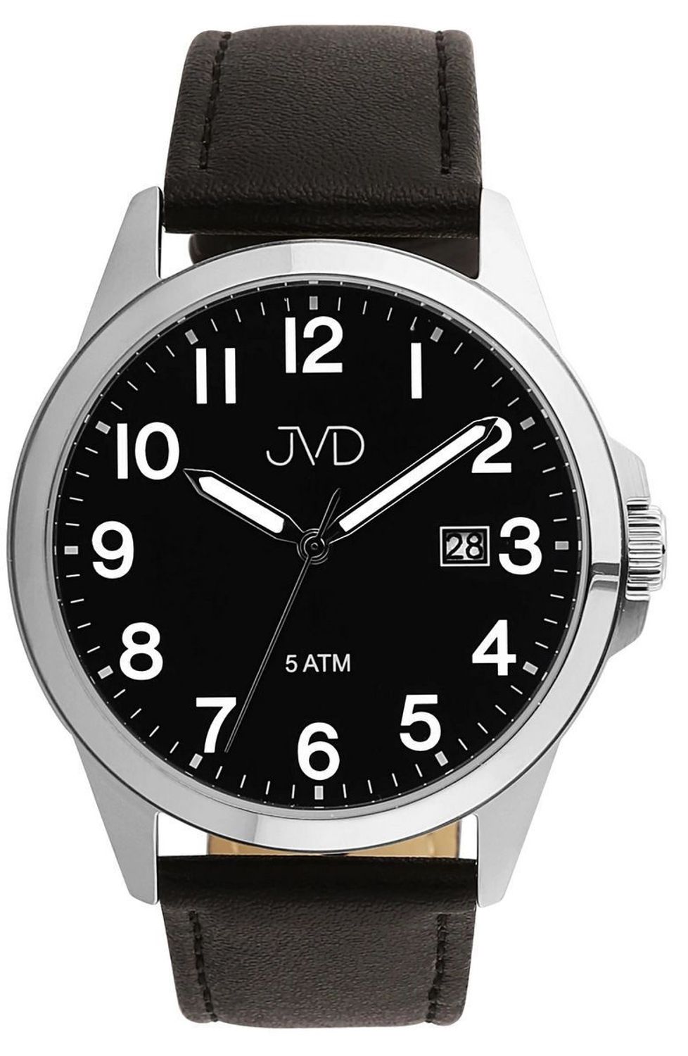 Elegancki zegarek męski JVD J1131.6 z czarnym skórzanym paskiem, srebrną kopertą stalową, japońskim mechanizmem Miyota, luminescencyjnymi wskazówkami i funkcją kalendarza. Wodoszczelność 5 ATM.1.jpg