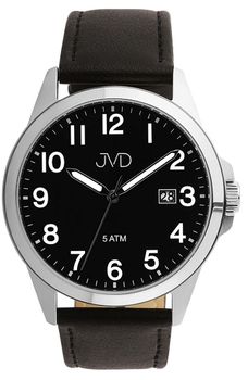 Elegancki zegarek męski JVD J1131.6 z czarnym skórzanym paskiem, srebrną kopertą stalową, japońskim mechanizmem Miyota, luminescencyjnymi wskazówkami i funkcją kalendarza. Wodoszczelność 5 ATM.1.jpg