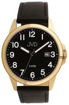 Elegancki zegarek męski JVD J1131.7 z czarnym skórzanym paskiem, złotą kopertą PVD, japońskim mechanizmem Miyota, luminescencyjnymi wskazówkami i funkcją kalendarza. Wodoszczelność 5 ATM.1.jpg