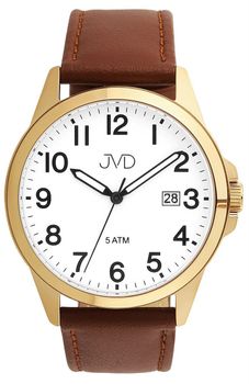 Elegancki zegarek męski JVD J1131.8 z brązowym skórzanym paskiem, złotą kopertą PVD, mechanizmem japońskim Miyota, luminescencyjnymi wskazówkami i funkcją kalendarza. Wodoszczelność 5 ATM.1.jpg