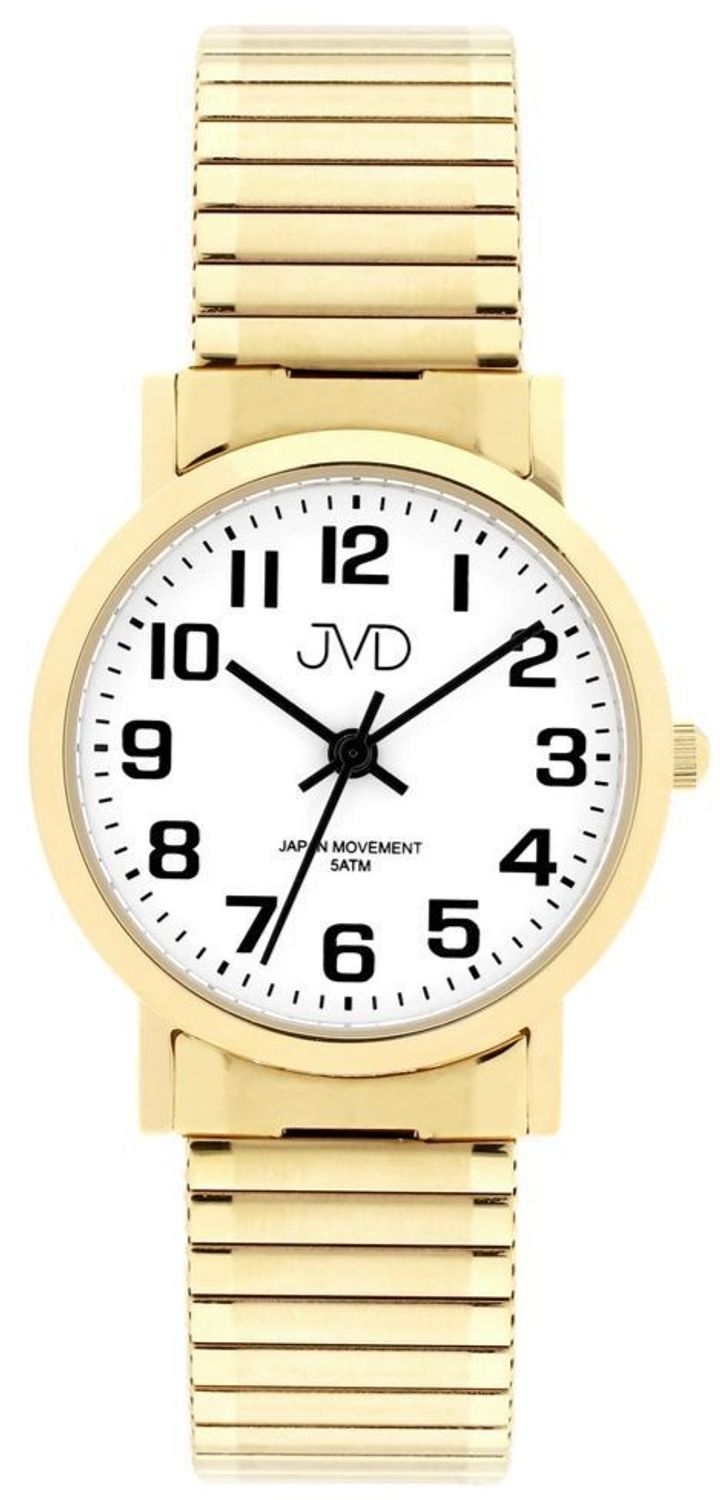 Damski zegarek JVD J4012.8 – elegancki złoty zegarek z białą tarczą, rozciągana bransoleta.jpg